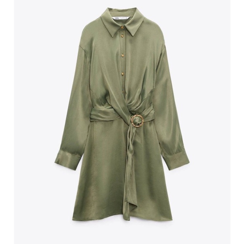 ZARA BELTED SATIN EFFECT FRONT TWIST MINI DRESS IN (khaki) GREEN SIZE S
